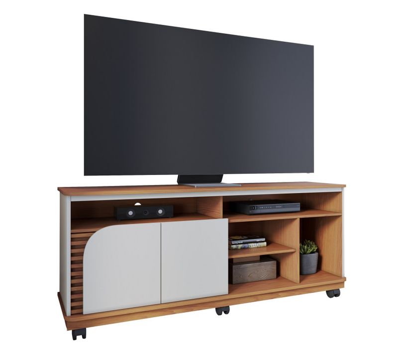 Meuble TV 65 Pouces Chêne Et Blanc 2 Portes 7 Niches Roulettes L 150 H 63.2 P 39.3 Cm