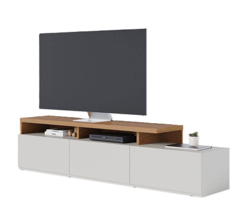 Meuble TV Bar 70 Pouces Chêne Et Blanc 3 Portes 6 Niches L 210 H 50.6 P 45.3 Cm