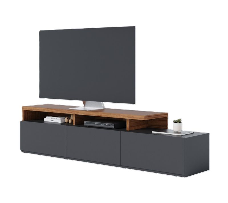 Meuble TV Bar 70 Pouces Chêne Et Anthracite 3 Portes 6 Niches L 210 H 50.6 P 45.3 Cm