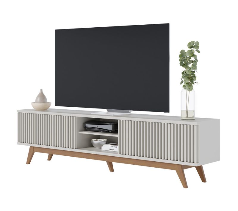 Meuble TV 75 Pouces Blanc Pieds Bois 4 Portes 8 Niches L 218 H 57 P 40 Cm