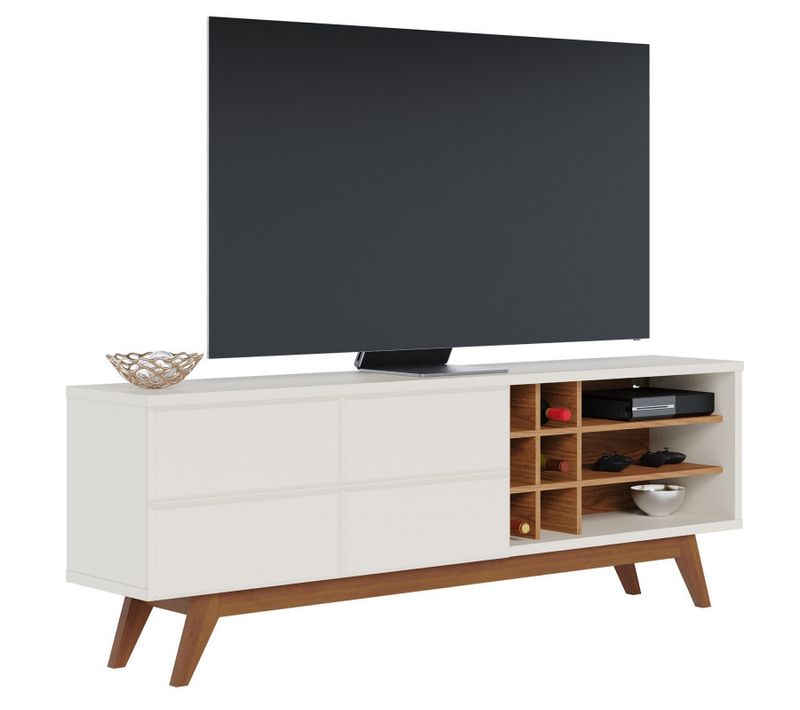 Meuble TV 75 Pouces Blanc Grisé Et Chêne Pieds Bois 2 Portes 11 Niches L 180 H 64.2 P 36.5 Cm