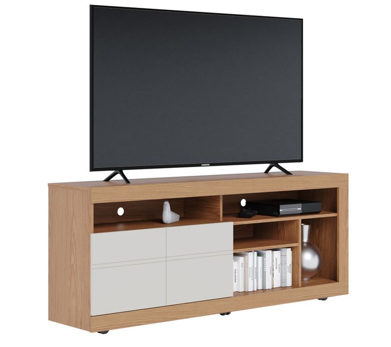 Meuble TV 65 Pouces Chêne Et Blanc 2 Portes 6 Niches Roulettes L 160 H 68 P 37.4 Cm