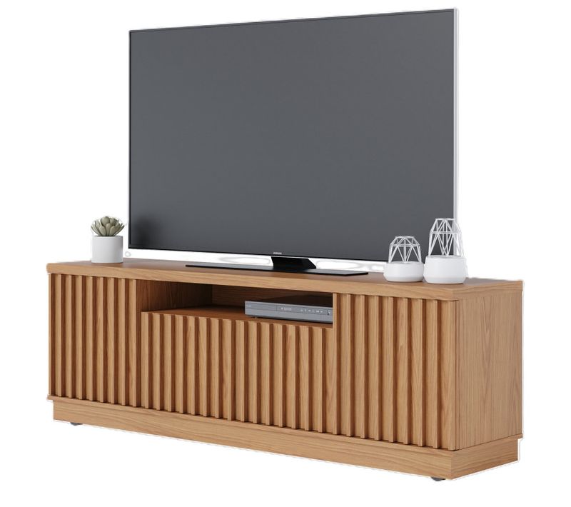 Meuble TV 70 Pouces Chêne 4 Portes 7 Niches 6 Roulettes L 180 H 61.4 P 42.8 Cm