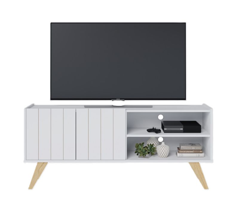 Meuble TV Bar 55 Pouces Blanc Pieds Bois 2 Portes 3 Niches L 135.8 H 58.7 P 36.1cm