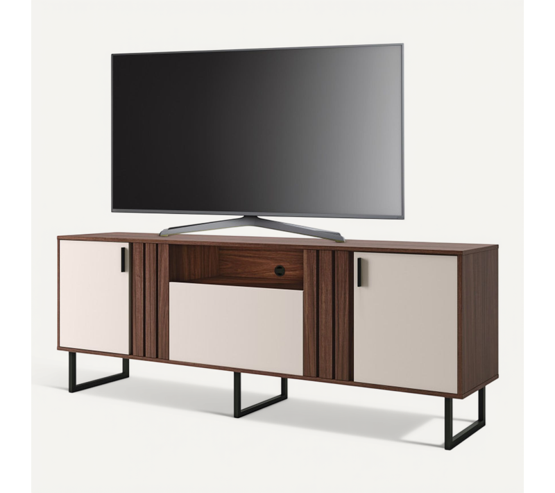 Meuble TV Bar 70 Pouces Noyer Et Blanc 3 Portes 4 Niches Pieds Métal L 180 H 64 P 40.3 Cm