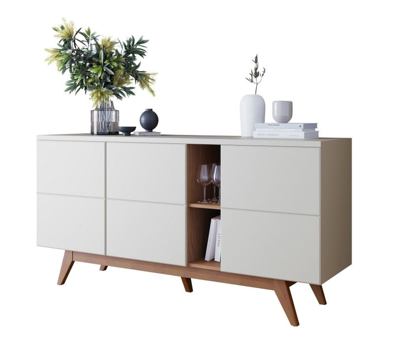 Buffet Bas 3 Portes 7 Niches Blanc Et Chêne 5 Pieds Bois L 160 H 80.2 P 44.5 Cm