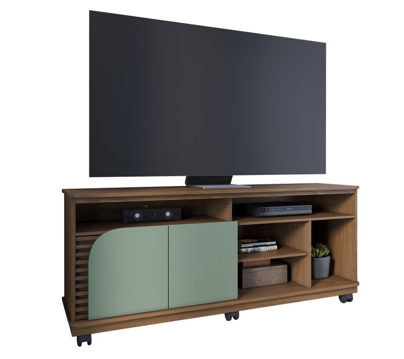 Meuble TV 65 Pouces Vert Olive Et Chêne 2 Portes 7 Niches Roulettes L 150 H 63.2 P 39.3 Cm