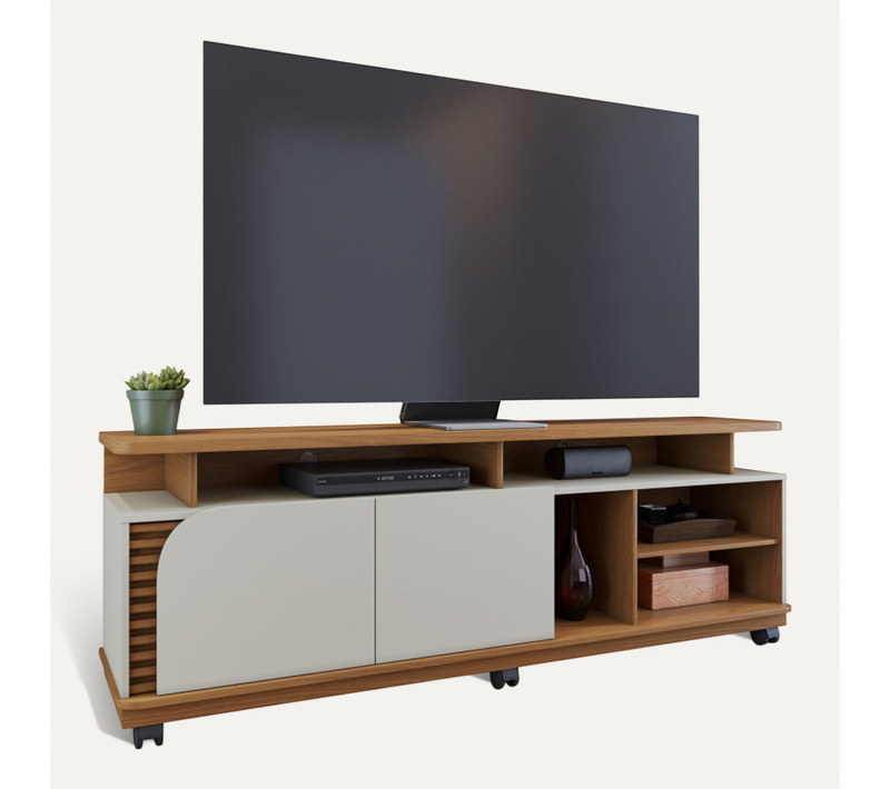Meuble TV 75 Pouces Chêne Et Blanc 2 Portes 9 Niches L 180 H 62 P 39.3 Cm