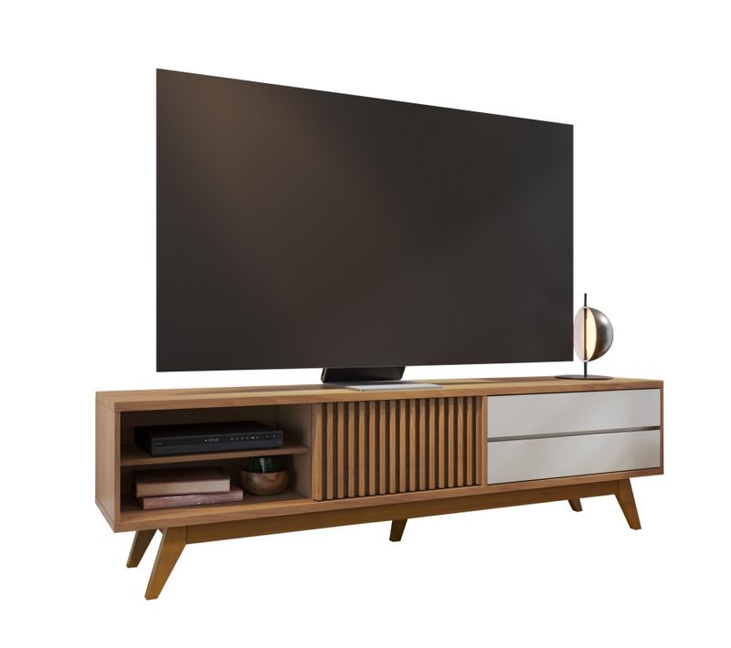 Meuble TV 75 Pouces Chêne Et Blanc 1 Porte 2 Tiroirs 3 Niches L 200 H 55.2 P 37.7 Cm