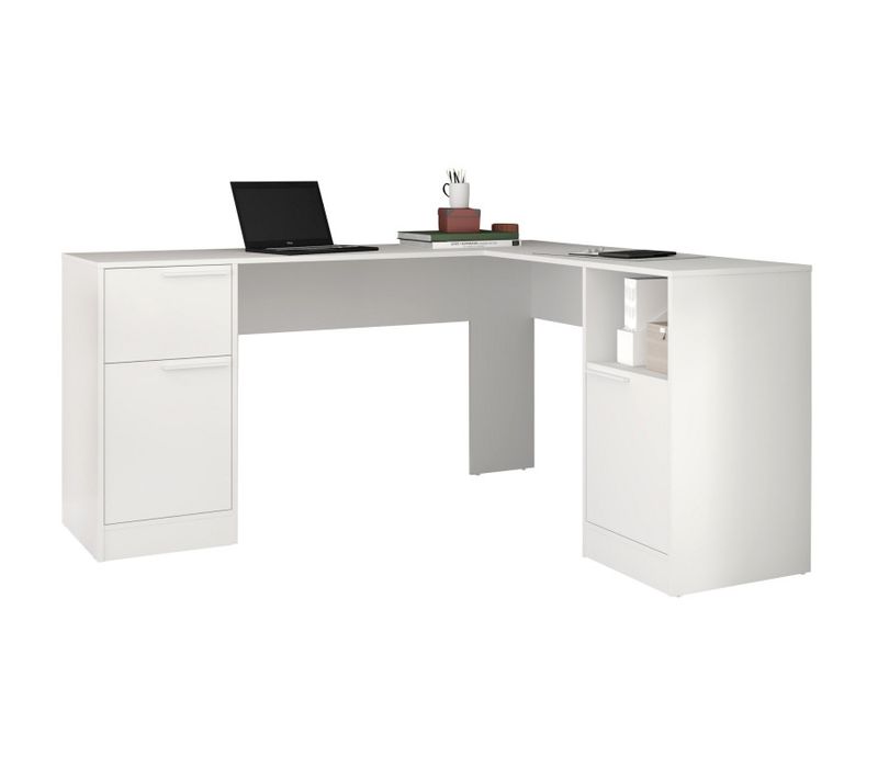 Bureau D'angle Blanc 2 Caissons 2 Portes 1 Tiroir 1 Niche L 160 H 78.5 P 134.5 Cm