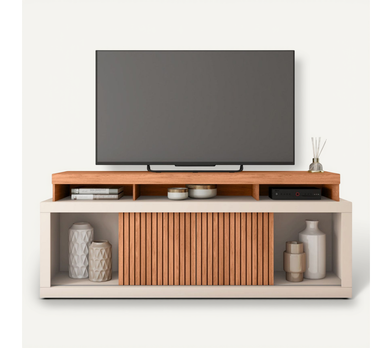 Meuble TV 70 Pouces Chêne Et Blanc 2 Portes Coulis. L. 180 H 74 P 39.5 Cm