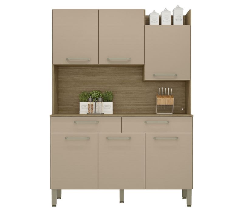 Buffet De Cuisine 6 Portes 2 Tiroirs Chêne Taupe 10 Niches L 132 H 186 P 38.8 Cm