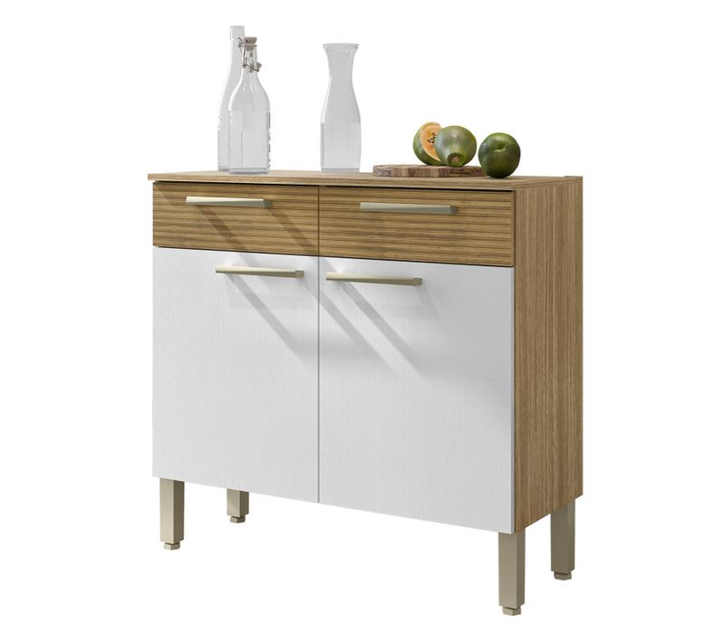 Buffet Bas 2 Portes 2 Tiroirs Chêne Et Blanc 2 Niches Larg 90,9 H 86 P 36,3 Cm