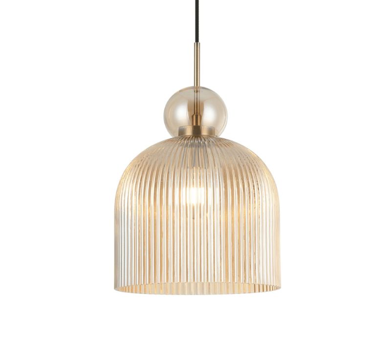 Suspension Moderne Avec Verre Nervuré Ambré Et Boule Dorée - Ysolde