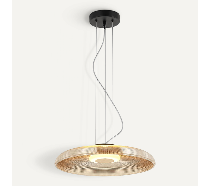 Suspension LED Moderne Verre Texturé Ambré Et Base Noire - Ossara
