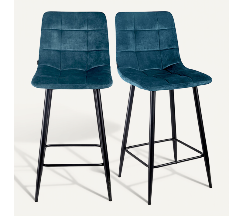 Lot 2 Chaises De Bar Avec Assise H.75 Cm En Velours Bleu - Nami 2