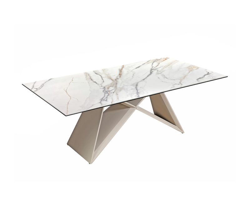 Table Basse 110 Cm Céramique Blanc Marbré Pied Métal Beige - Isaure