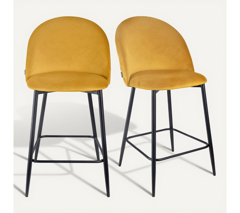 Lot De 2 Chaises De Bar En Velours Jaune Avec Pieds En Métal - Fara 2