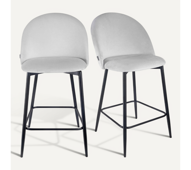 Lot 2 Chaises De Bar En Velours Gris Clair Et Pieds En Métal - Fara 2