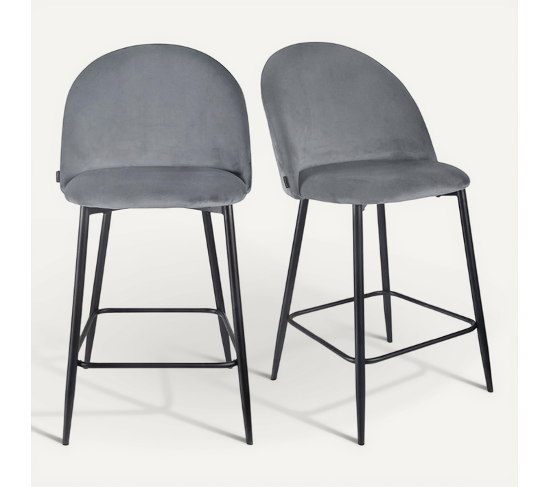 Lot 2 Chaises De Bar En Velours Gris Foncé Et Pieds En Métal - Fara 2