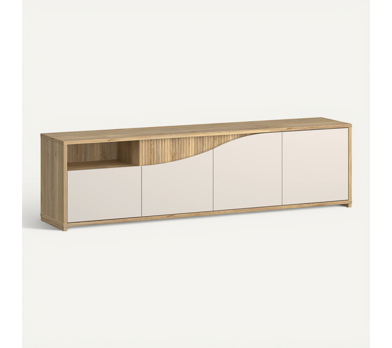 Meuble TV 204 Cm Décor Tasseaux Bois Et Sable Avec Vagues - Rivage