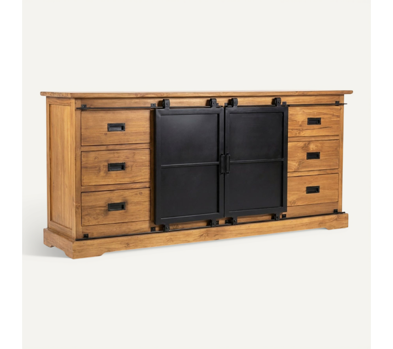 Buffet L. 200 Cm En Bois De Teck Massif Brut Et Métal Noir – Edwards