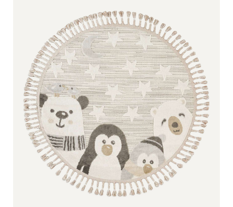Tapis Enfant Rond Doux Motif Animaux Polaires Blanc 130x130