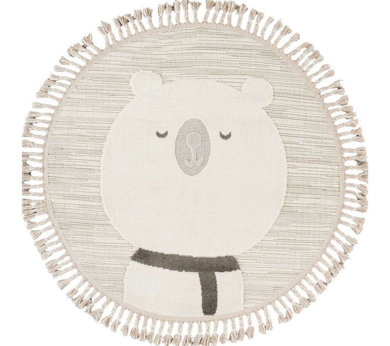 Tapis Salon Rond Enfant Doux Texturé Ours Blanc 130x130