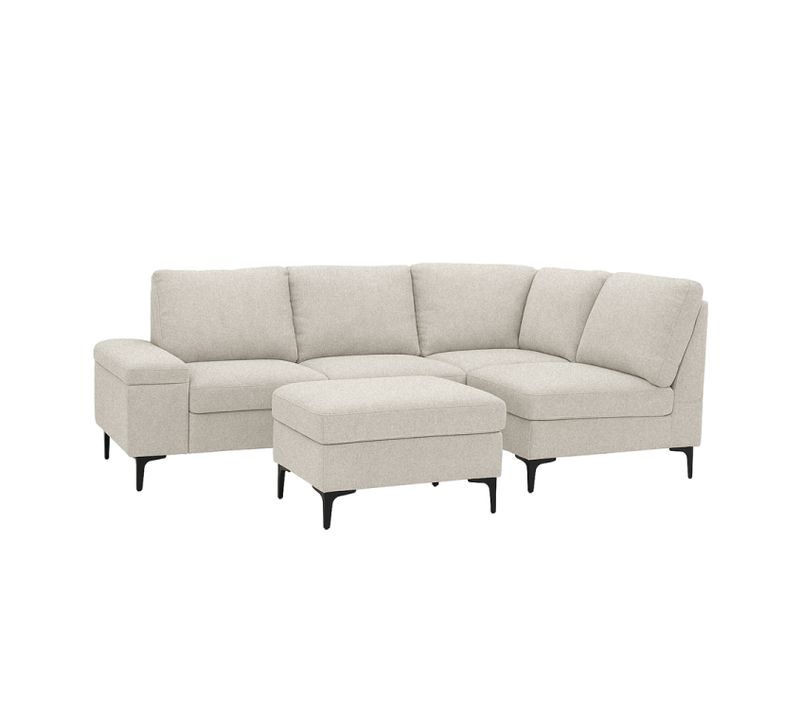 Colchester - Canapé D'angle 4/5 Places En Tissu Chenille Beige Avec Pouf