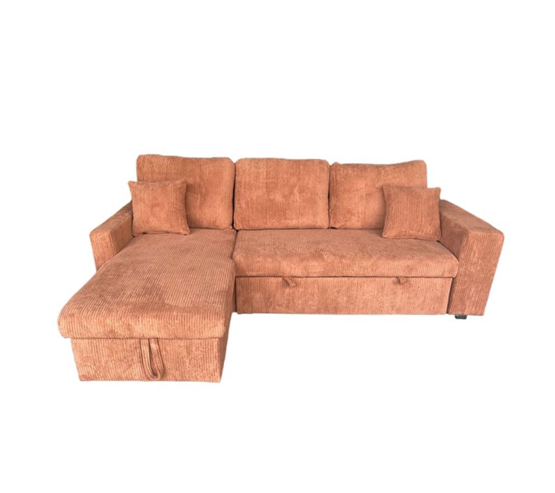 Glasgow - Canapé D'angle Convertible 4 Places Avec Coffre En Velours Côtelé Terracotta