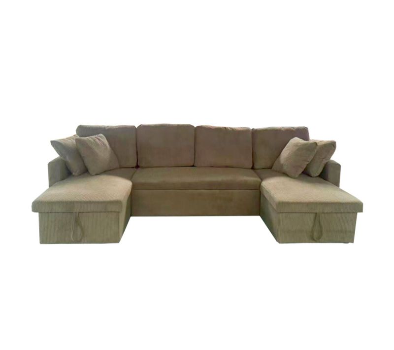 Mahé - Canapé Panoramique Convertible Avec Coffres 4 Places En Velours Côtelé Vert