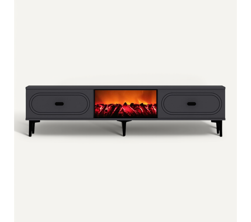 Fyra - Meuble TV Avec Cheminée LED 150cm Gris Anthracite Et Noir