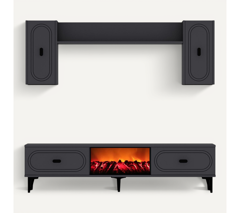 Vibra - Ensemble Meuble TV Avec étagères Murales Et Cheminée LED 150cm Gris Anthracite