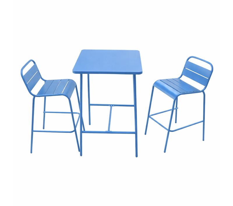 Bergame - Ensemble Table De Bar Et 2 Chaises Hautes D'extérieur Bleu