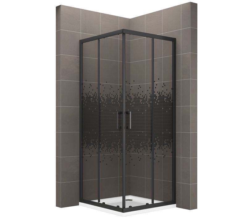 Cabine De Douche 100x100 Cm H.190 Verre Sérigraphié Pixel Noir 6mm, Portes Coulissantes - Boha-pix