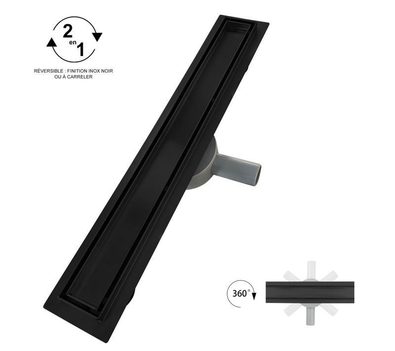 Caniveau De Douche 2en1 à Encastrer L.80 Cm, à Carreler Ou Inox Noir, 360°, Drainage 36l/min -viny