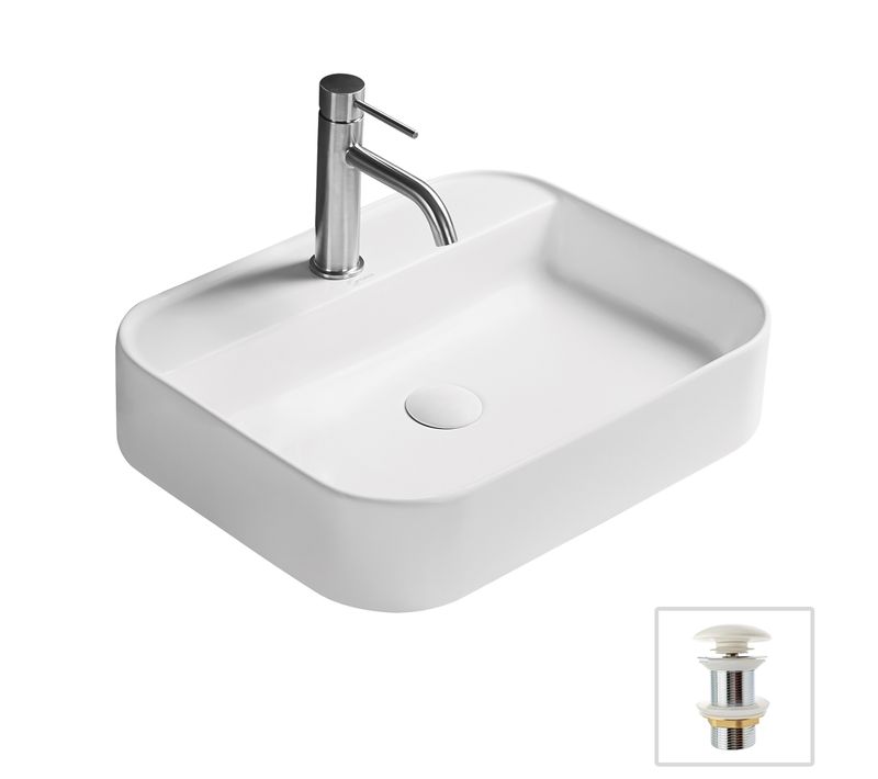 Vasque 50x40cm à Poser Céramique Rectangulaire Blanc Mat + Bonde Pop-up Collection Calma