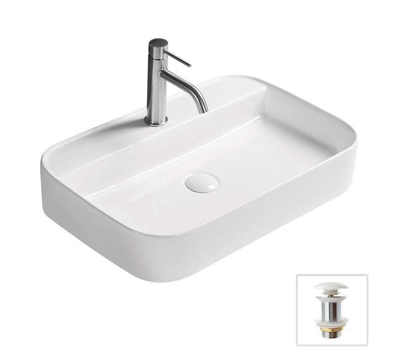 Vasque 60x37cm à Poser Céramique Rectangulaire Blanc Brillant + Bonde Pop-up Collection Calma