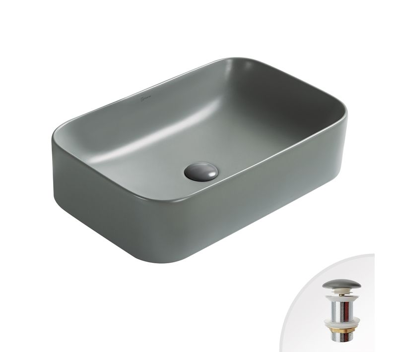 Vasque 61x38cm à Poser Rectangulaire En Céramique Gris Ciment Mat + Bonde Pop-up Collection Pola