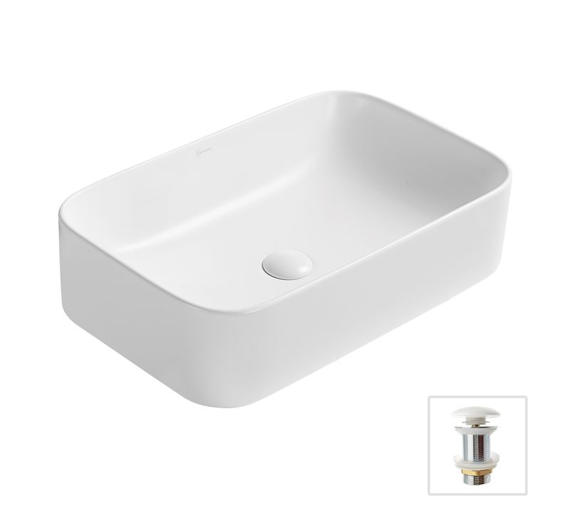 Vasque 61x38cm à Poser Rectangulaire En Céramique Blanc Mat + Bonde Pop-up Collection Pola