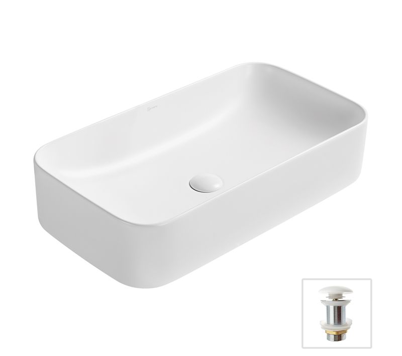 Vasque 70x38cm à Poser Rectangulaire En Céramique Blanc Mat + Bonde Pop-up Collection Pola