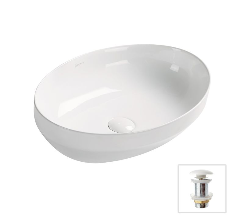Vasque à Poser Ovale 50x36cm En Céramique Blanc Brillant + Bonde Pop-up Collection Opera