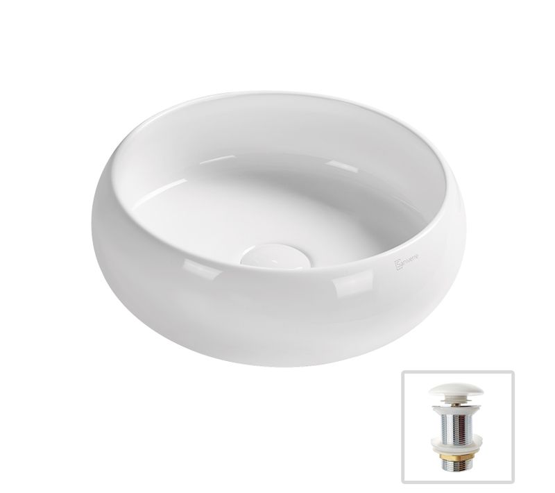 Vasque à Poser Ronde D.36 Cm En Céramique Blanc Brillant + Bonde Pop-up Collection Doly