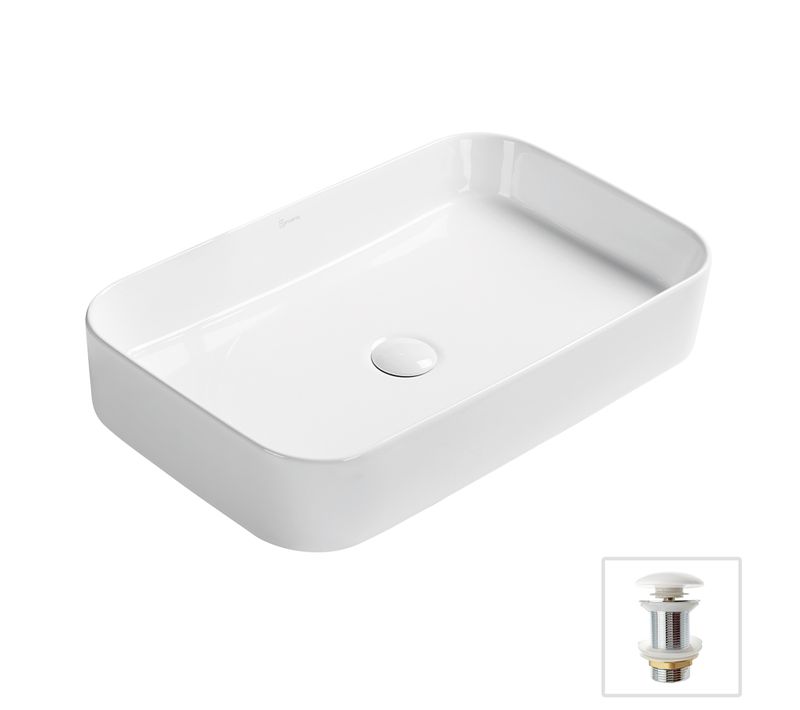 Vasque 60x37cm à Poser Rectangulaire En Céramique Blanc Brillant + Bonde Pop-up Collection Lupia