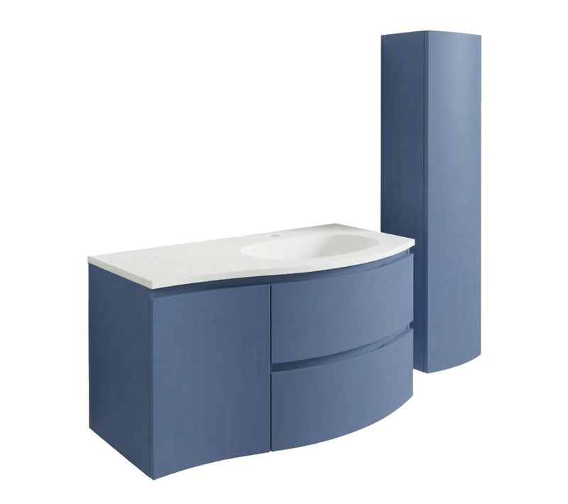 Ensemble Meuble Vasque 105 Cm + 1 Colonne Bleu Mer Avec Plan Toilette à Gauche - Armonia