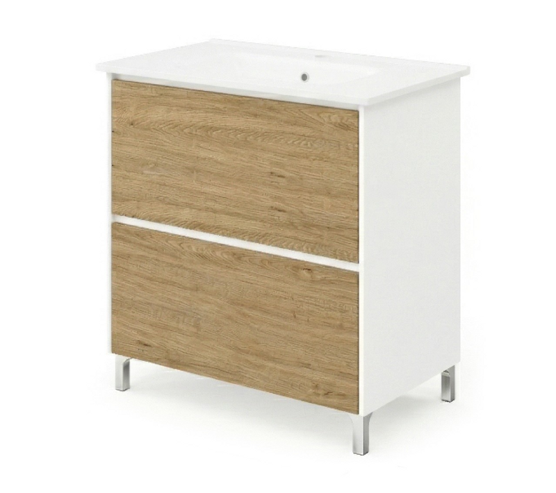 Meuble Vasque L.80cm Sur Pied Blanc Laqué 2 Tiroirs Chêne Naturel Lisbona - Sans Colonne