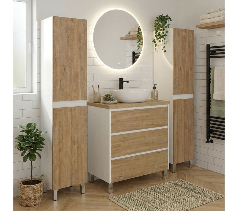 Meuble Vasque à Poser L.80cm + 2 Colonnes Sur Pied Blanc Laqué 3 Tiroirs Chêne Naturel Lisbona