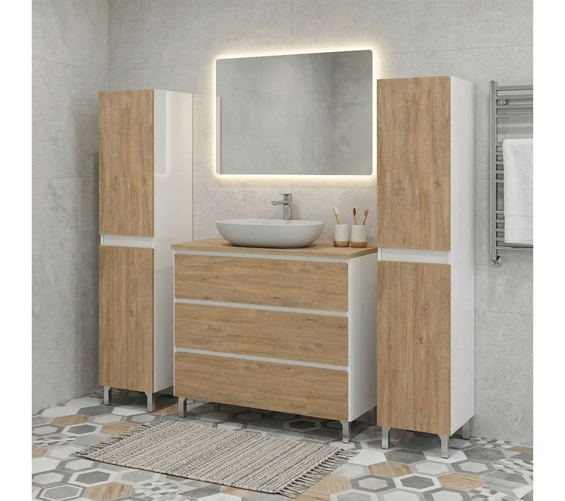 Meuble Vasque à Poser L.100cm + 2 Colonnes Sur Pied Blanc Laqué 3 Tiroirs Chêne Naturel Lisbona