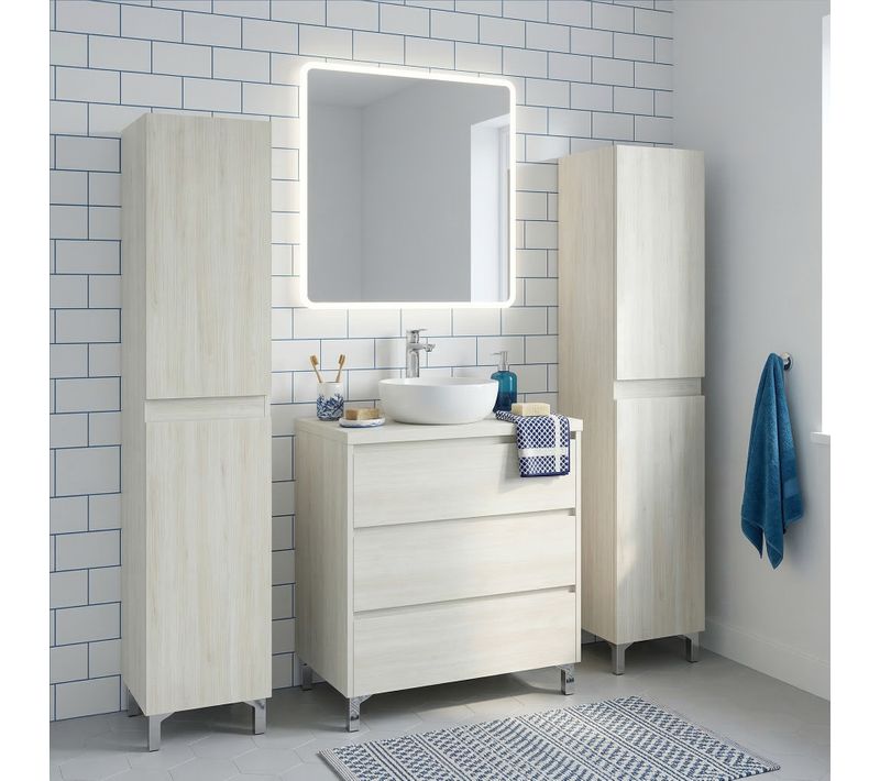 Ensemble Meuble Vasque à Poser L.80cm + 2 Colonnes Sur Pied 3 Tiroirs Chêne Blanchi Lisbona