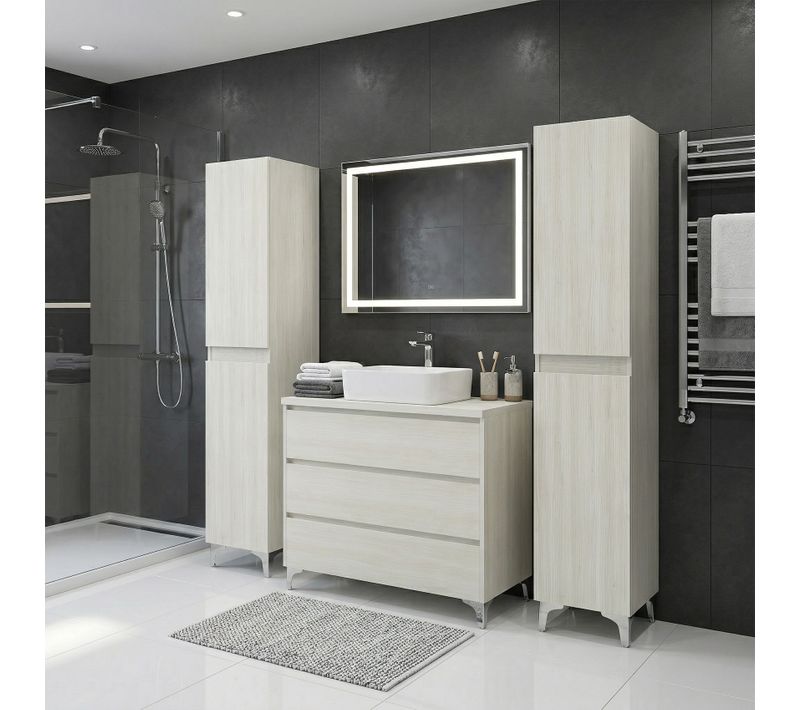 Ensemble Meuble Vasque à Poser L.100cm + 2 Colonnes Sur Pied 3 Tiroirs Chêne Blanchi Lisbona